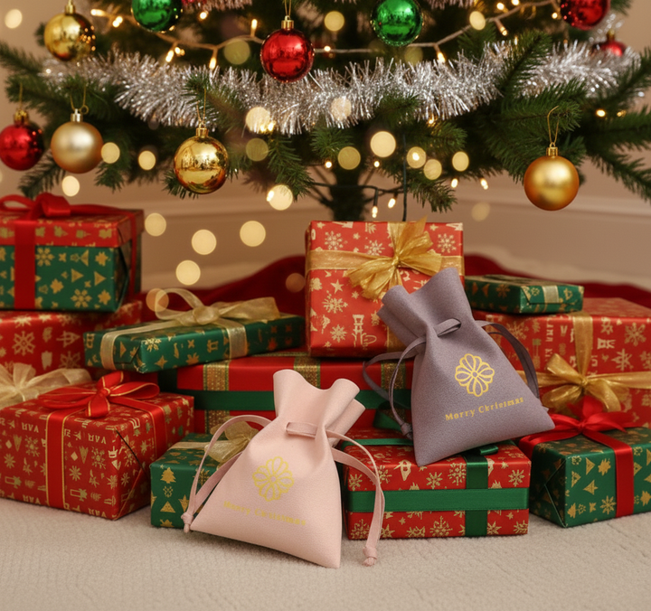 100pcs Wholesale Christmas Gift Pouches – Microfiber Drawstring Jewelry Pouches for Rings, Earrings & Holiday Treats, Gold-Foil Christmas Artwork