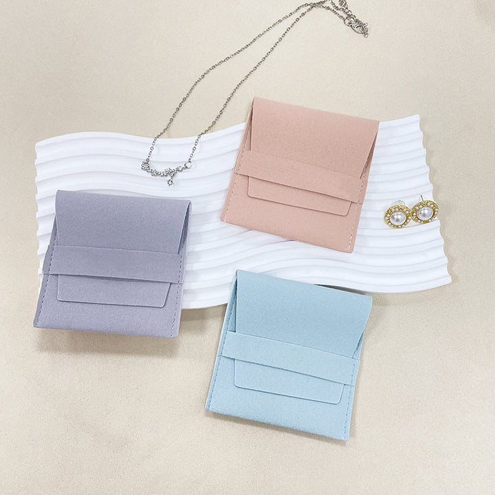 100pcs Custom Microfiber Jewelry Tuck-In Pouch with Insert Card 3x3" (8x8cm) – Luxury Deboss Logo Gift Bag for Earrings & Necklaces, Wholesale