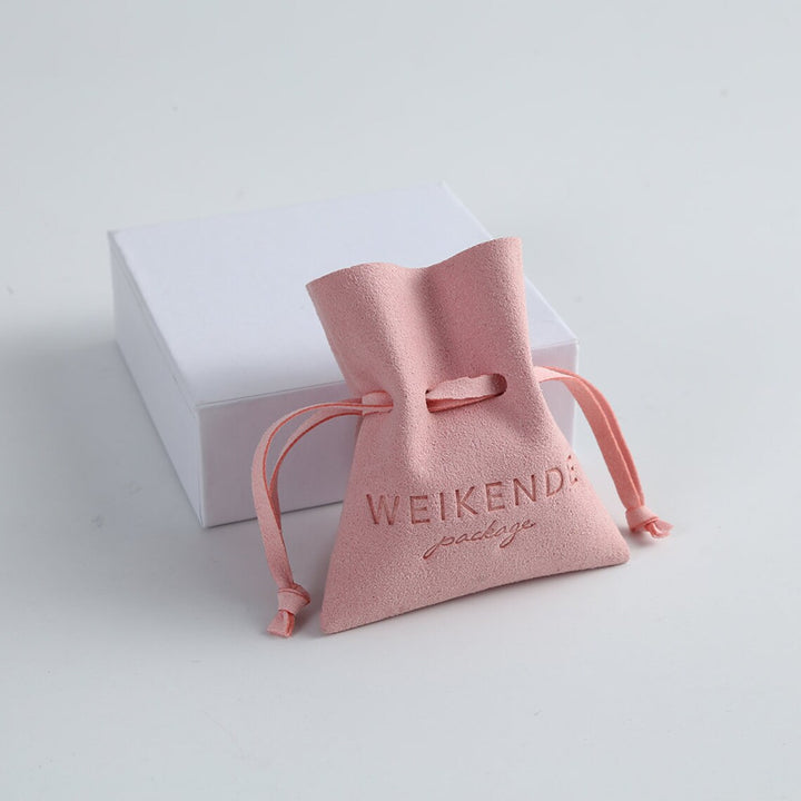 Custom Microfiber Drawstring Jewelry Pouch with Logo – Unique Gift Bag Shape with Debossed Logo for Earrings, Necklaces & Gifting, Wholesale