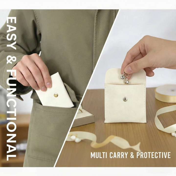 100pcs Custom Snap Button Microfiber Jewelry Pouches – Luxury Debossed Logo Packaging with Custom Sizes for Rings, Earrings & Bracelets, Wholesale