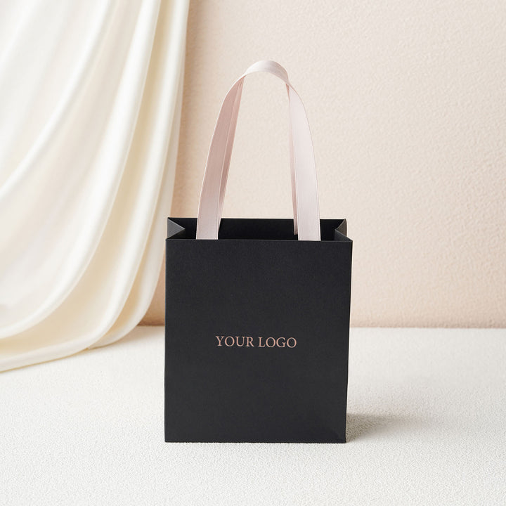 100pcs Custom Black Handle Paper Bags With Logo – Wholesale Jewelry Packaging Mini Shopping Ribbon Tote Bags in Bulk