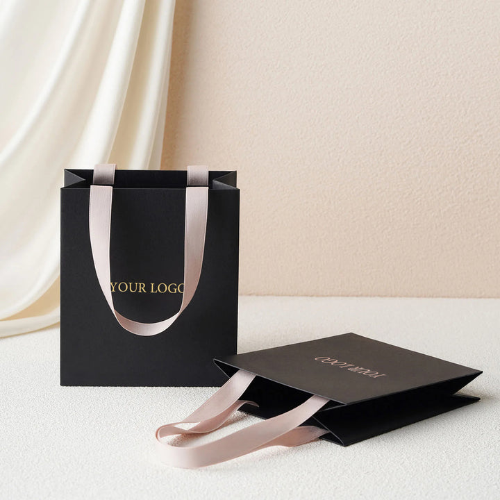 100pcs Custom Black Handle Paper Bags With Logo – Wholesale Jewelry Packaging Mini Shopping Ribbon Tote Bags in Bulk