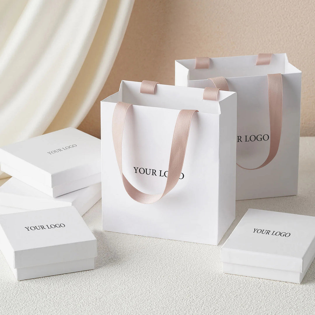 100pcs Custom Logo Printed White Handle Paper Bags – Recycled Jewelry Thank You Wedding Gift Bags