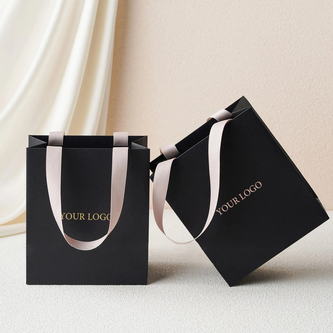 100pcs Custom Black Handle Paper Bags With Logo – Wholesale Jewelry Packaging Mini Shopping Ribbon Tote Bags in Bulk