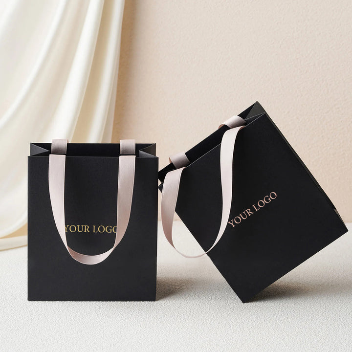 100pcs Custom Black Handle Paper Bags With Logo – Wholesale Jewelry Packaging Mini Shopping Ribbon Tote Bags in Bulk