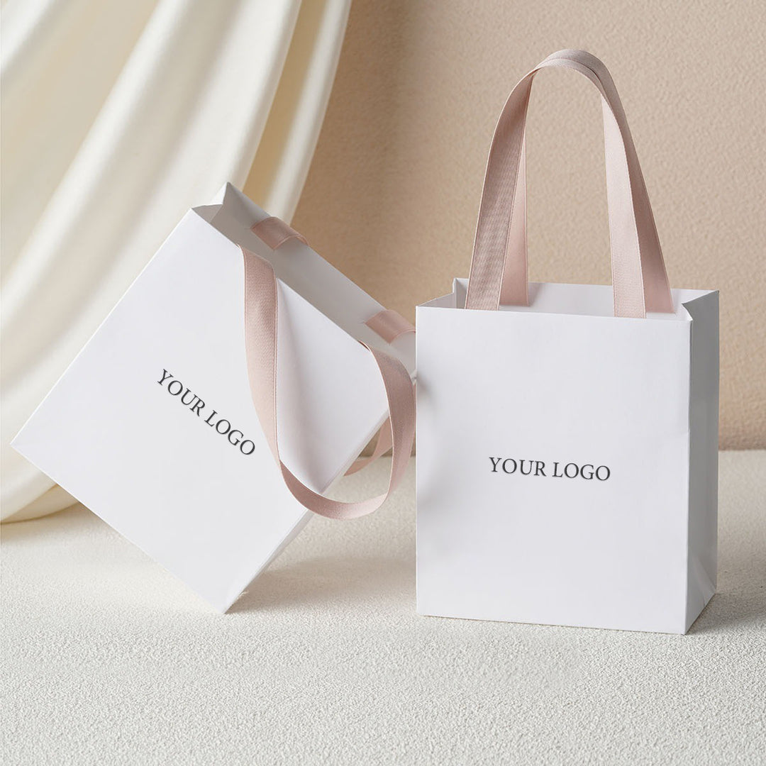100pcs Custom Logo Printed White Handle Paper Bags – Recycled Jewelry Thank You Wedding Gift Bags