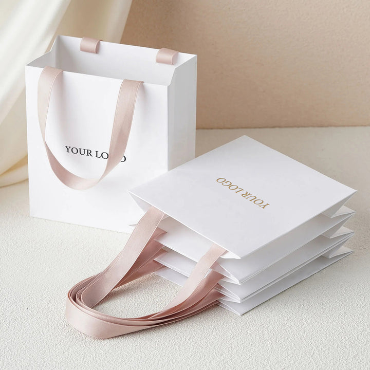 100pcs Custom Logo Printed White Handle Paper Bags – Recycled Jewelry Thank You Wedding Gift Bags