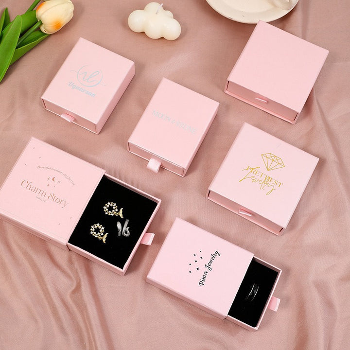 100Pcs Wholesale Custom Paper Drawer Jewelry Packaging Boxes – Custom Dimensions, Multiple Sizes, Logo Printed, Perfect for Necklaces, Earrings, Bracelets & Rings