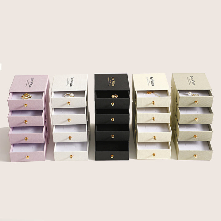 100Pcs Wholesale Custom Paper Sliding Drawer Jewelry Boxes with Ball Knob Closure – Logo Printed, Ideal for Rings, Necklaces, Earrings & Bracelets