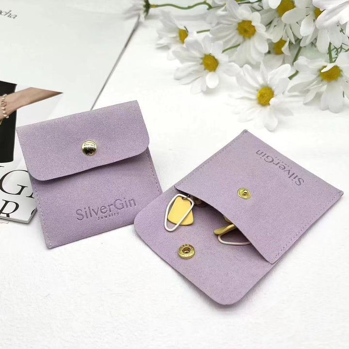 100pcs Luxury Microfiber Jewelry Pouches 3×3" – Gift Bags with Polished Metal Snap Button, Debossed Logo & Insert Card for Jewelry, Wholesale