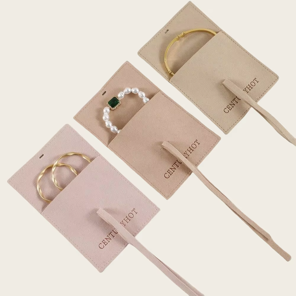 100pcs Custom Microfiber Jewelry Pouch – Envelope-Style with Strap Closure & Custom Logo for Rings, Earrings & Necklaces Wholesale