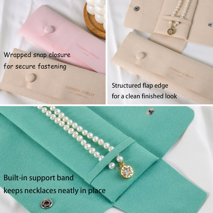 Foldable Microfiber Display Organizer Pouch – 100pcs Snap Button Storage for Long Necklaces, Custom Debossed Logo, 8.66×2.56"