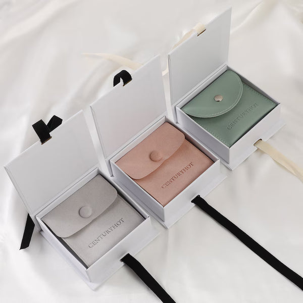 100 Wholesale Custom Logo Flip Lid Jewelry Box & Microfiber Snap Pouch Set with Ribbon – Luxury Packaging for Jewelry & Gifts