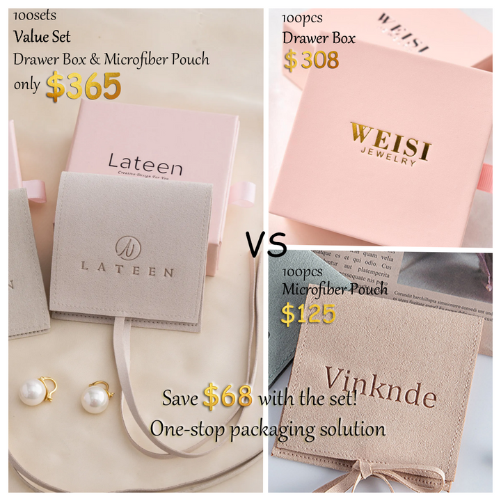 100 Luxury Custom Jewelry Packaging Set – Logo Printed Drawer Box with Microfiber Pouch for Earrings, Bracelets, and Necklaces