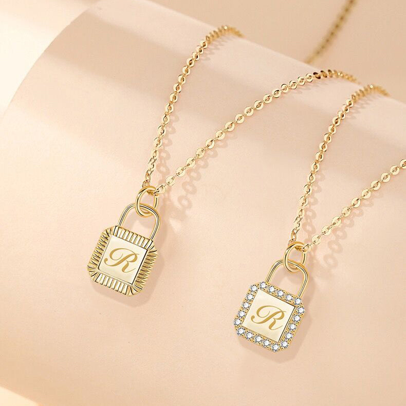 Custom Letter Lock Diamond Necklace - Solid 18K Gold