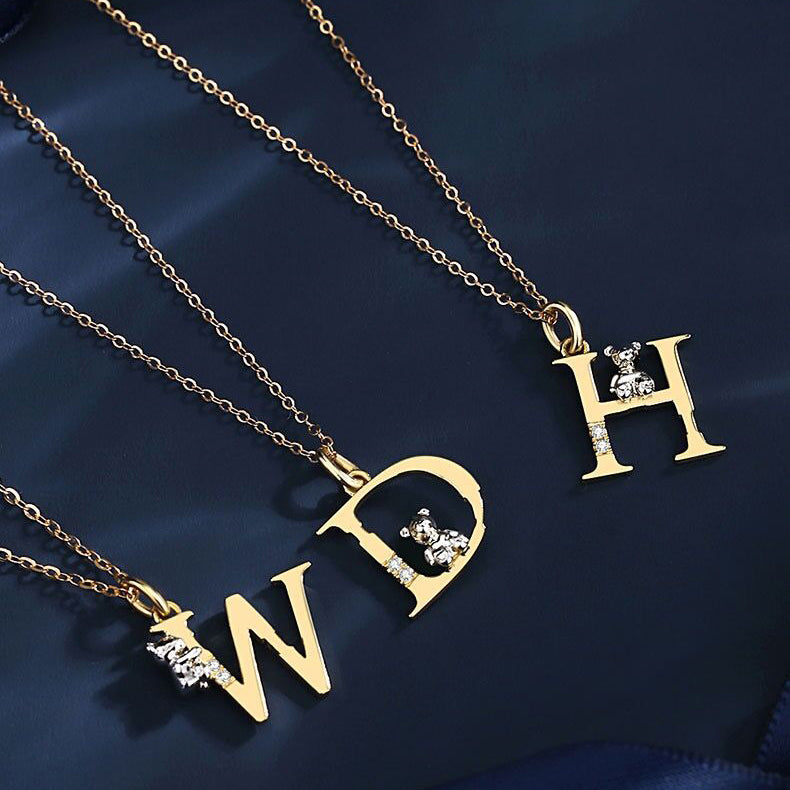 Custom Letter Bear Necklaces - Solid 18K Gold