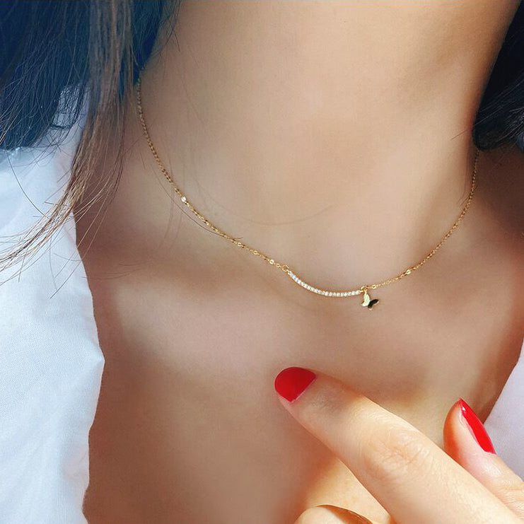 Solid 14K Gold Zircon Arc Necklace