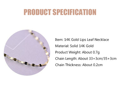 Solid 14K Gold Lips Leaf Unadorned Necklace