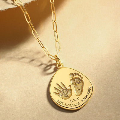 Custom Handprint Footprint Necklace For Baby-Solid 18K Gold