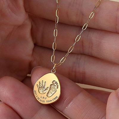 Custom Handprint Footprint Necklace For Baby-Solid 18K Gold
