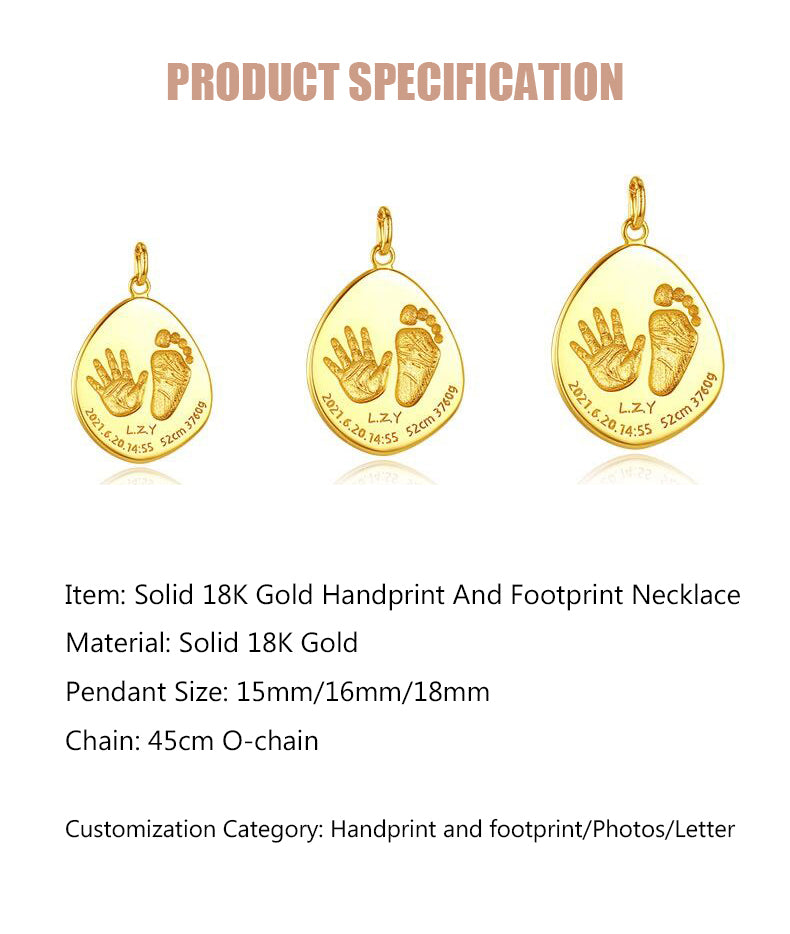 Custom Handprint Footprint Necklace For Baby-Solid 18K Gold