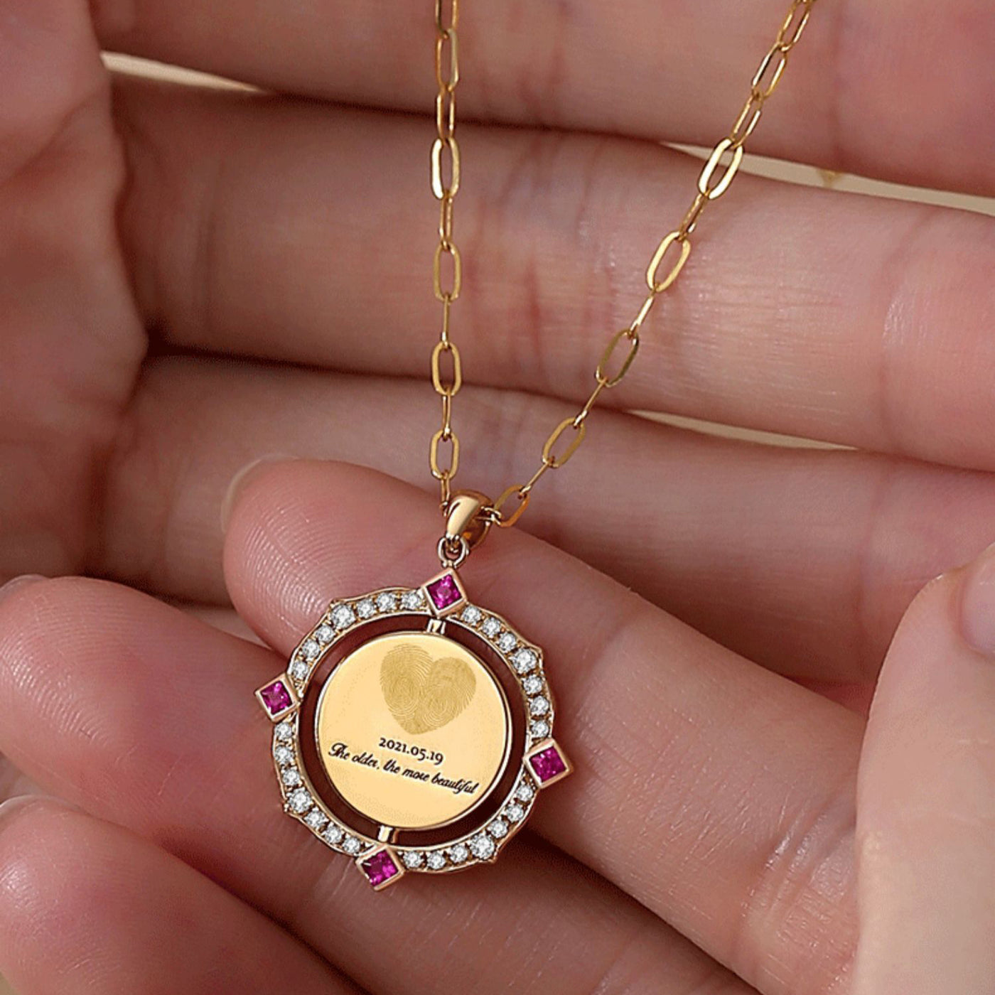 Custom Handprint Footprint Birthday Diamond Ruby Necklace-Solid 18K Gold