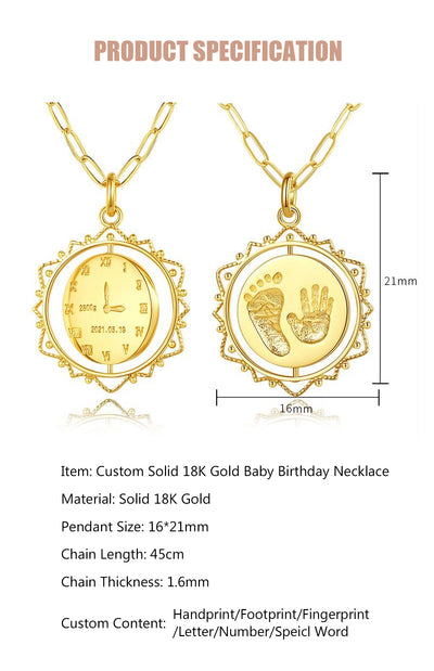 Custom Handprint Footprint Birthday Necklace For baby-Solid 18K Gold