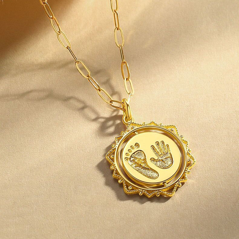 Custom Handprint Footprint Birthday Necklace For baby-Solid 18K Gold