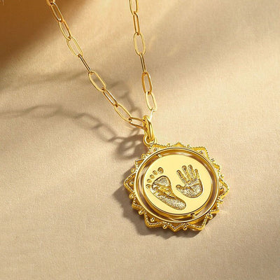 Custom Handprint Footprint Birthday Necklace For baby-Solid 18K Gold