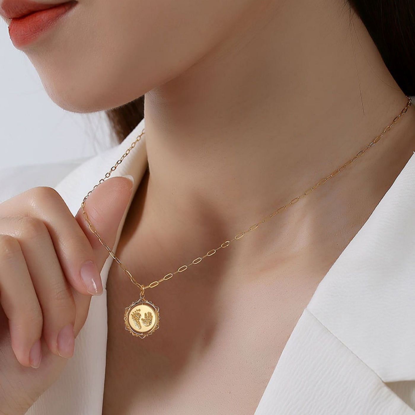 Custom Handprint Footprint Birthday Necklace For baby-Solid 18K Gold