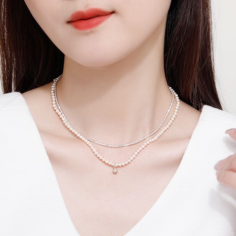 Double Layer Narural Pearl Necklace-S925 Solid Silver