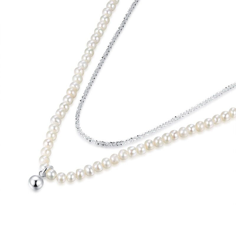 Double Layer Narural Pearl Necklace-S925 Solid Silver