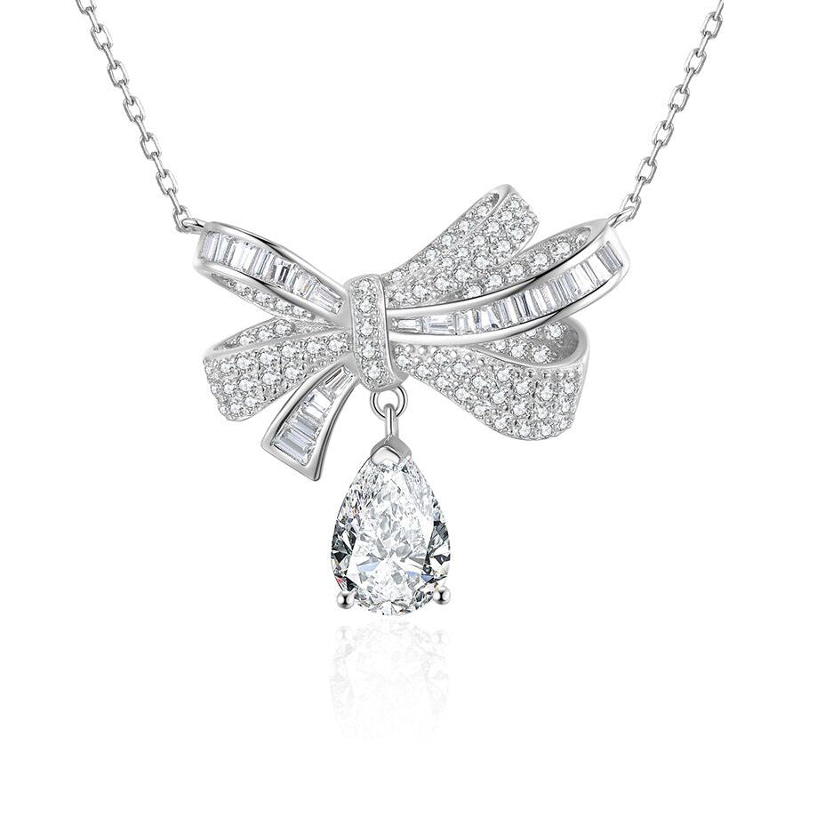 Bow Water-drop Zircon Necklace-S925 Solid Silver
