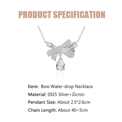 Bow Water-drop Zircon Necklace-S925 Solid Silver