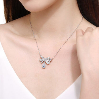 Bow Water-drop Zircon Necklace-S925 Solid Silver