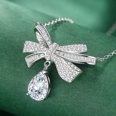 Bow Water-drop Zircon Necklace-S925 Solid Silver