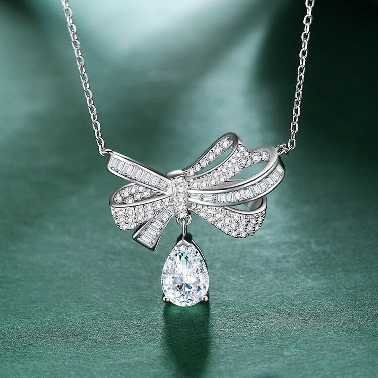 Bow Water-drop Zircon Necklace-S925 Solid Silver