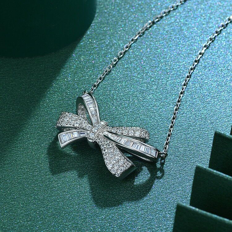 Bow Water-drop Zircon Necklace-S925 Solid Silver