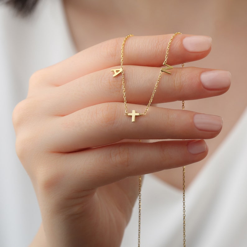 Solid gold sideways mini key necklace with personalized initial in 10K, 14K  or 18K gold.